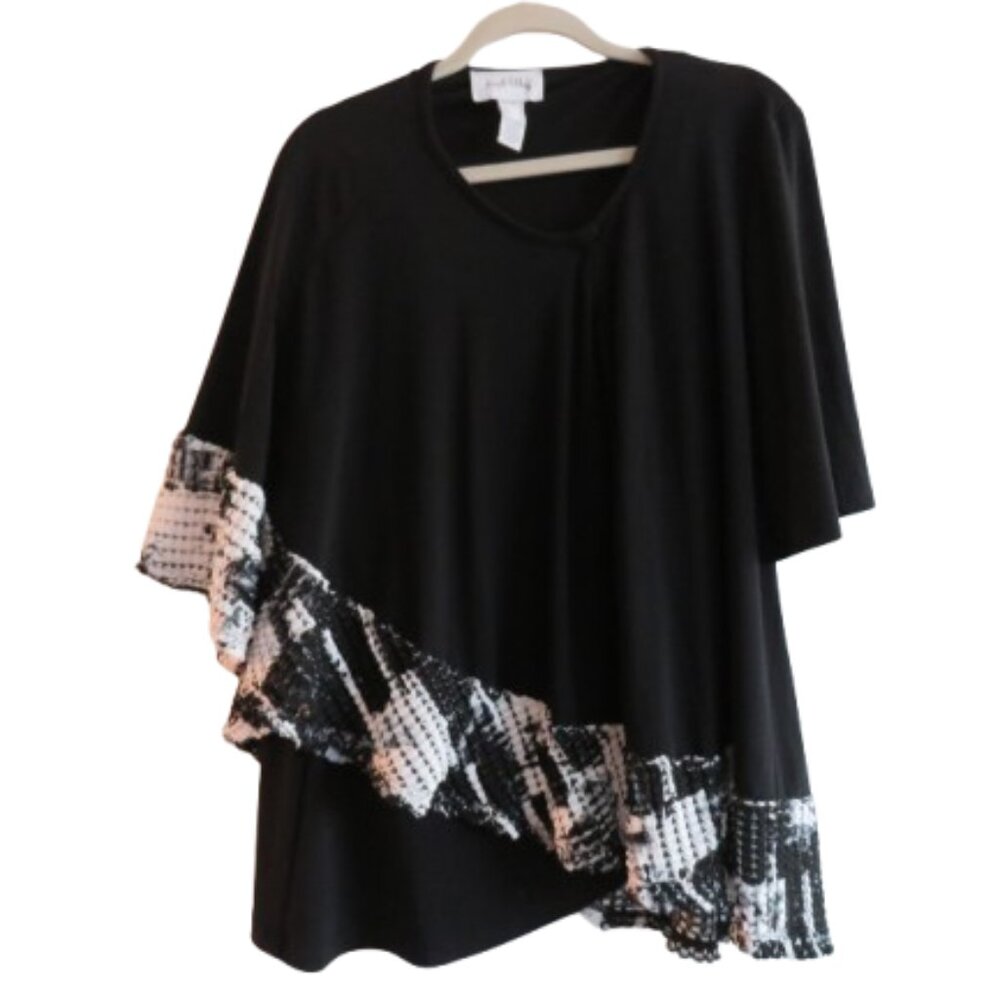 JOSEPH RIBKOFF Asymmetric Hem Waffle Trim Black Oversized Tunic Top - Size 12